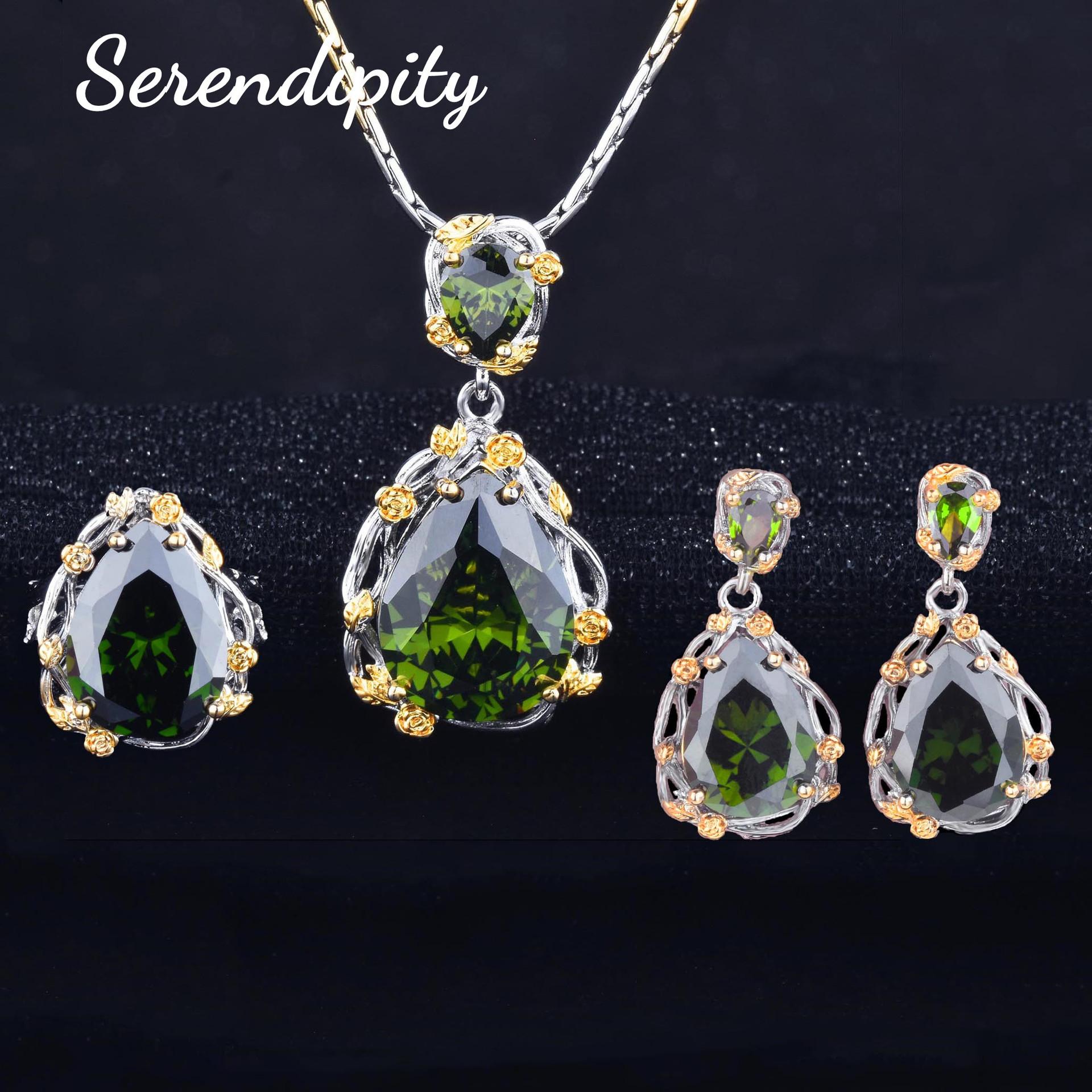 

Foydjew Vintage Noble Style Jewelry Sets Simulation Olivine Green Stone Pendant Necklaces Long Drop Earrings Rings Banquet Set resizable