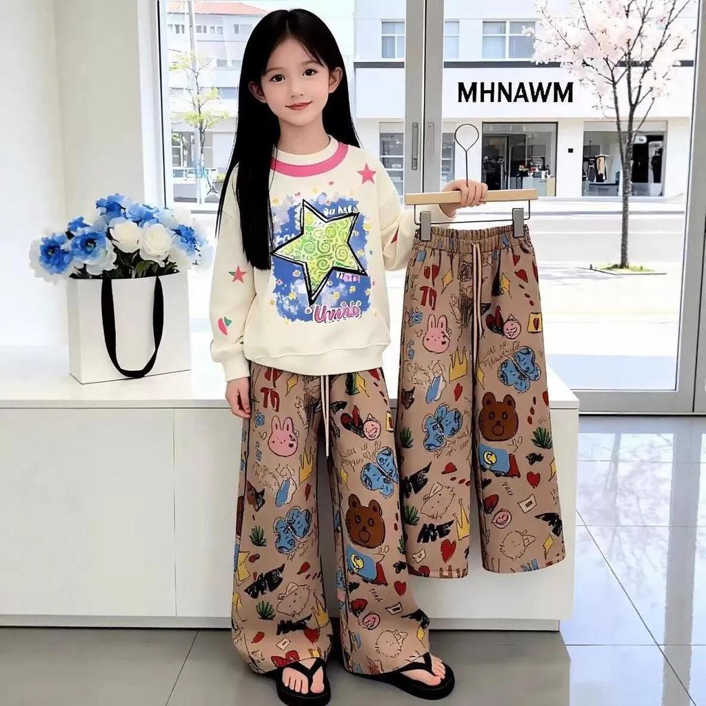Girls' Casual Hoodie & Wide-Leg Pants Set - Cartoon Print, Versatile Two-Piece for Spring & Autumn