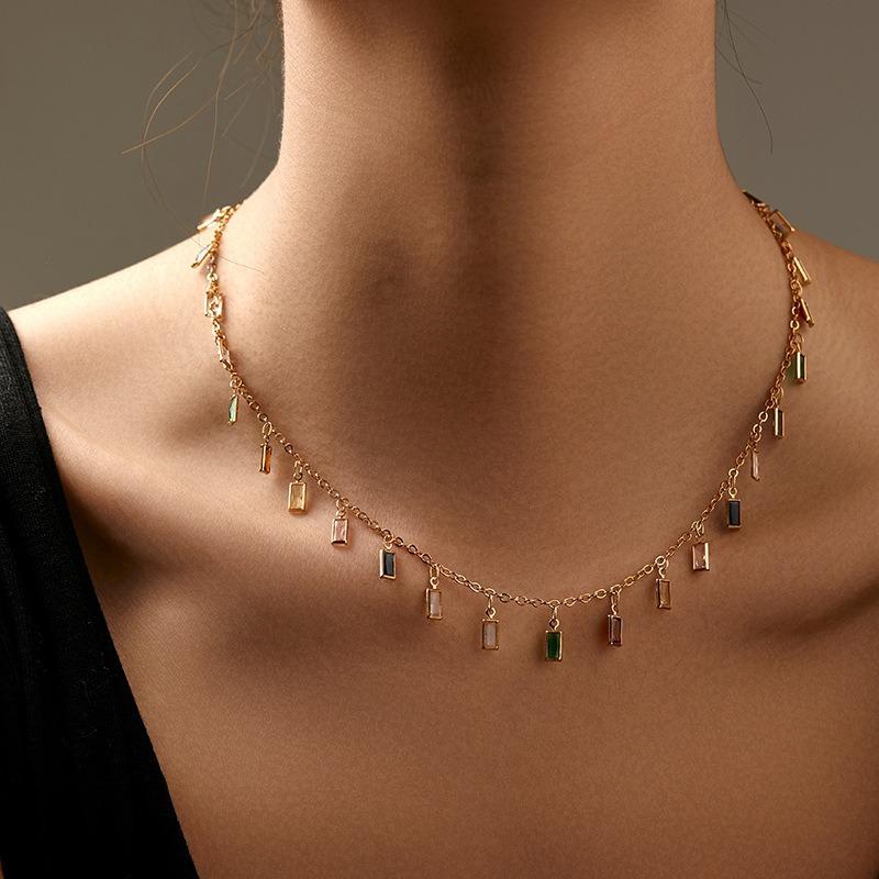Vacation Style Long Strip Color Glass Gold Plated Clavicle Chain Necklace
