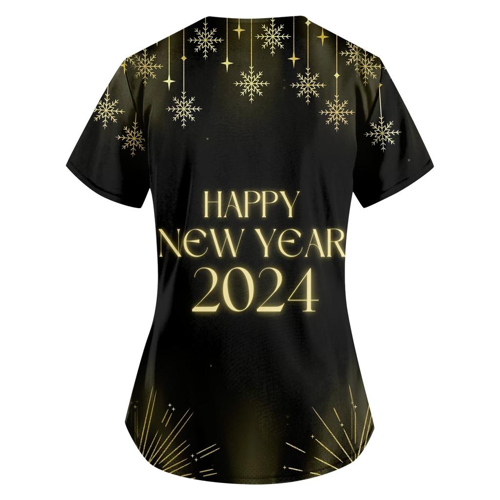 Damenmode 2024 Neujahr Bedruckte Kurzarm-Oberteile mit V-Ausschnitt und Mustertasche Arbeits-T-Shirts
