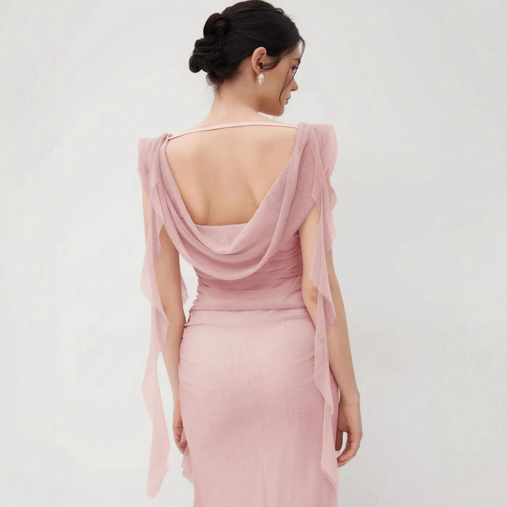 Women's Clothing Summer High-end Mesh Exquisite Dress, Swinging Collar Backless Streamer Design, Slim and Thin Temperament Long Dress
