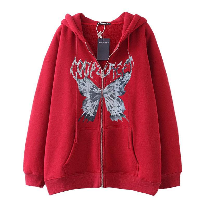 

Весна и осень новый модный принтованный капюшон большой размер свитер пара свободный повседневный уличный спортивный кардиган куртка Y2k большой размер XXXXL красный