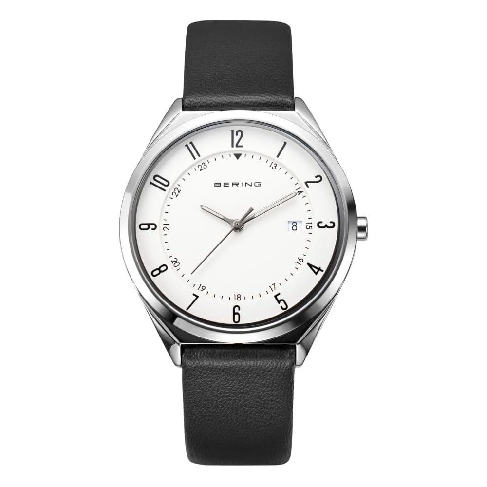 [Officially Imported in Japan] BERING Men s Unisex Ultra Slim Watch, White Dial with Black Leather Strap, Sapphire Crystal, Scratch-Resistant 316L Sur
