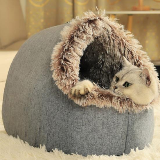 Warm Cat Cave Bed Cozy Pet Calming Nest Plush Hooded Cat Bed Fluffy Winter