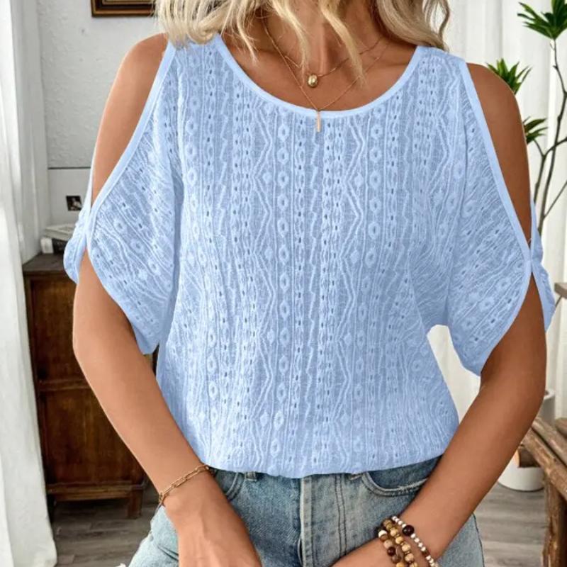 

Простые женские модные блузки весна-лето новые бохо с открытыми плечами ажурные летучие мыши короткий рукав футболка топ для женщин повседневные рубашки XXL