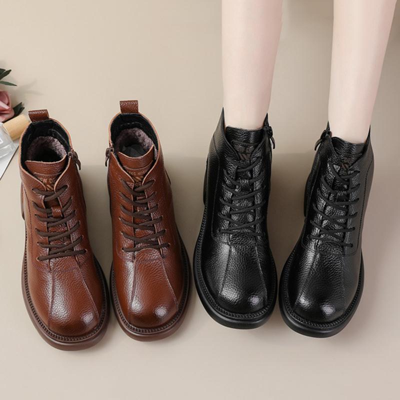 Genuine Leather Women Ankle Boots Natural Skin Warm Winter Short Boots Fashion Woman Shoes Booties Med Heel Footwear