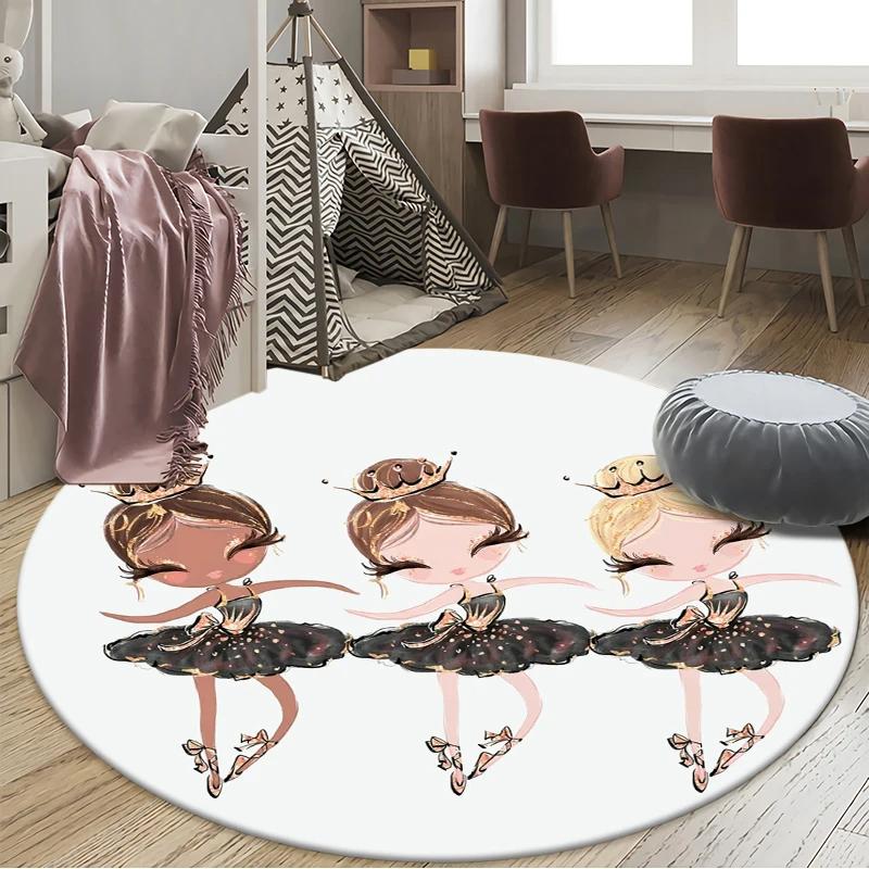Cartoon Ballet Girl Round Carpet Fairy Ballerina Unicorn Rug for Living Room Bedroom Child Room Decor Doormat Non-slip Floor Mat