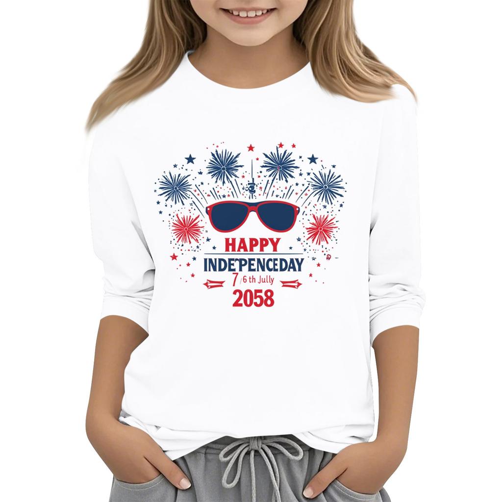 Tricou casual cu mâneci 3/4 pentru copii, cu gât rotund și imprimeu pentru Ziua Independenței