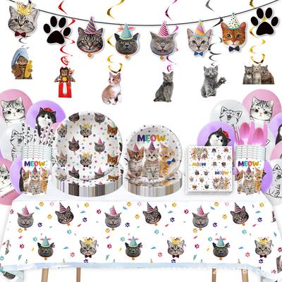 Miyav Sevimli Kedi Partisi Tek Kullanımlık Sofra Takımı Seti Kedi Kağıt Tabaklar Bardaklar Peçete Masa Örtüsü Çocuk Doğum Günü Partisi Dekor Malzemeleri