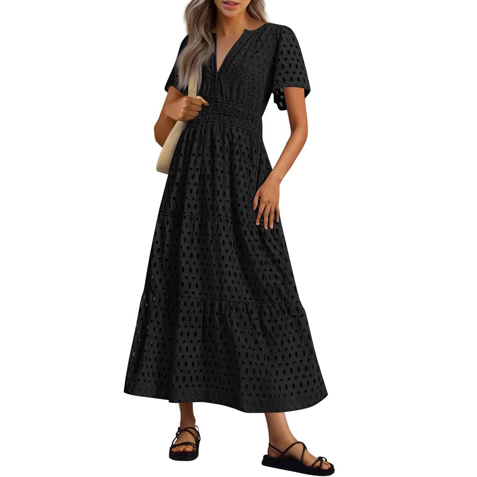 

Женские летние модные ажурные кружевные короткие рукава длинные однотонные повседневные платья чёрный