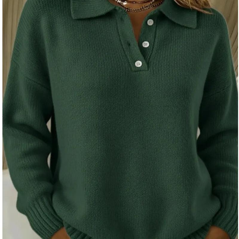 Women's Polo Collar Ribbed Long Sleeve Sweater Top Loose Fit Casual Pullover