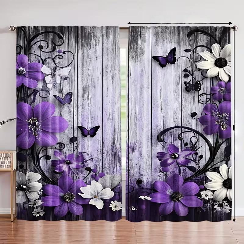 

2Pcs Purple flower butterfly print curtains,suitable for bedroom,living room kitchen decoration,home decoration,window decor 14Wx39L(35x100CM)x2&Rod Pocket