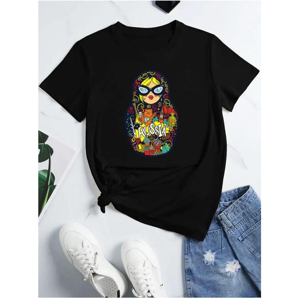 Matryoshka doll print T-shirt | Colorful landmark pattern casual T-shirt, sweet summer style