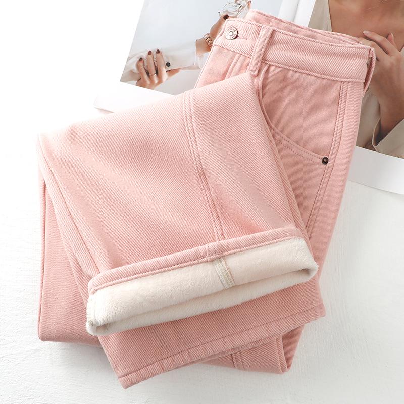 Women's Pink Fleece-Lined Wide-Leg Jeans - 2024 Autumn/Winter Collection
