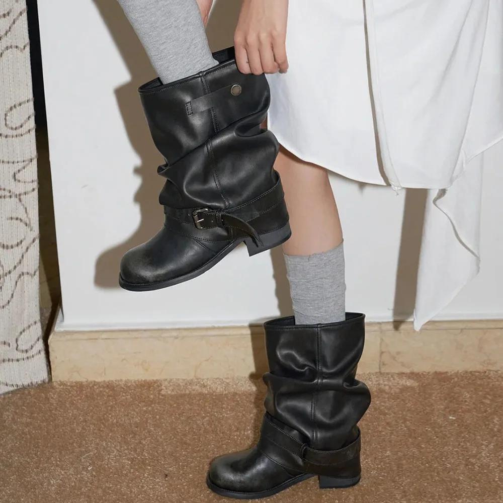 Women Boots Fashion Stack Pleated Design Women Ankle Boots Vintage Western Cowboy Boots High Quality Soft Leather Casual Booties