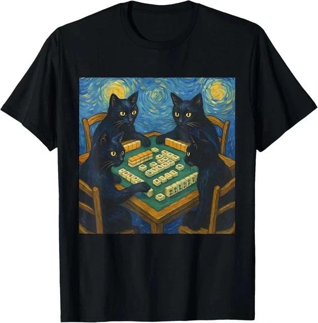 Van Gogh Starry Night Cat Playing Mahjong Chinese Tile Game Unisex T-Shirt