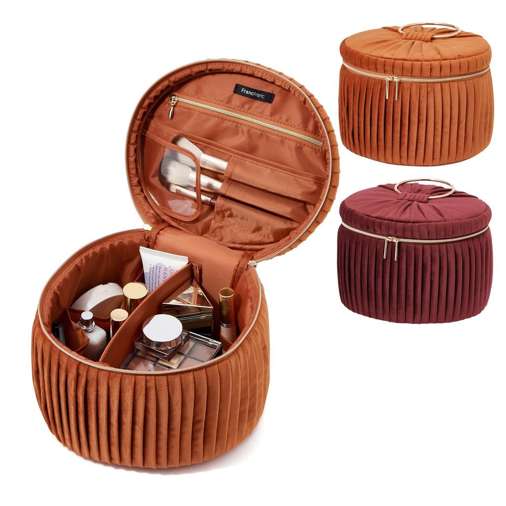 Francfranc Velvet Pleated Vanity Cosmetic Cosmetic Makeup Storage Pouch, Large, Orange, Pouch, Box,