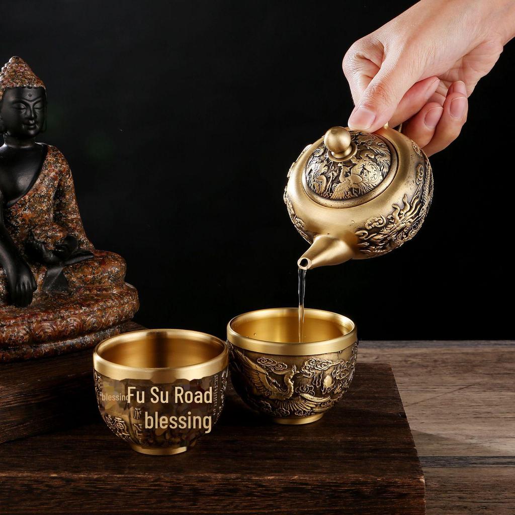 Dragon and Phoenix Brass Wine Pot with Baifu Copper Cylinder – Auspicious Teapot and Teacup Decoration for Restaurants
