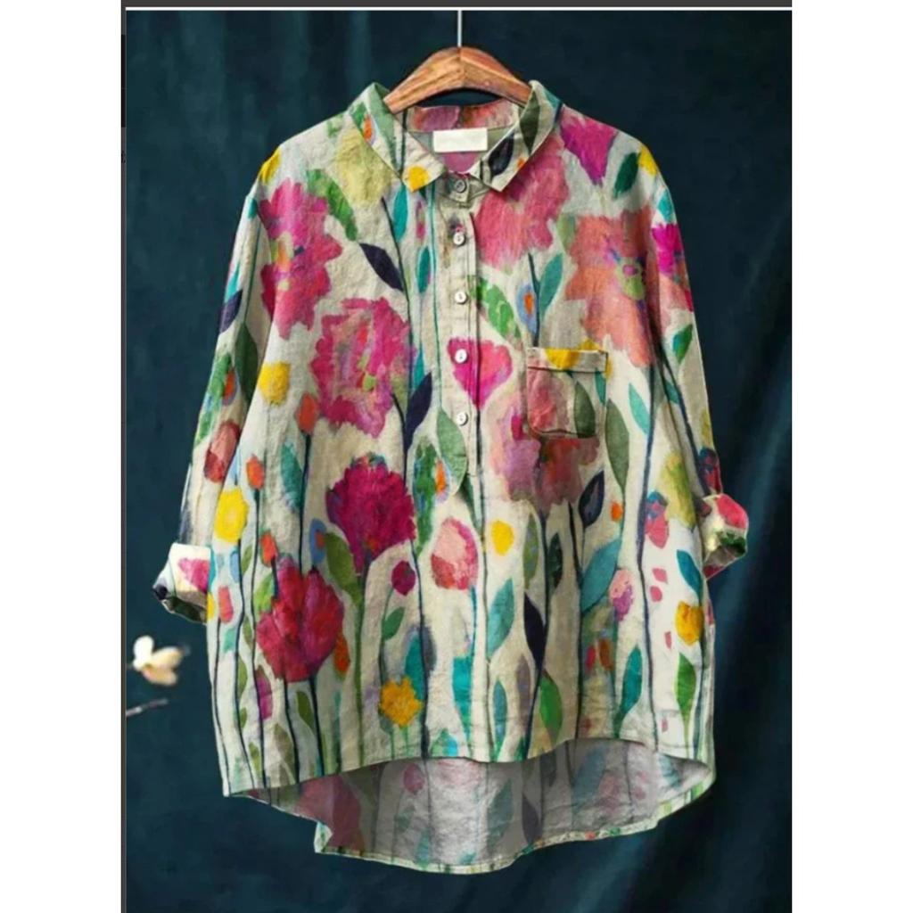 Women's Turn Down Collar Long Sleeve Floral Print Shirt Loose Fit Elegant Casual Blouse