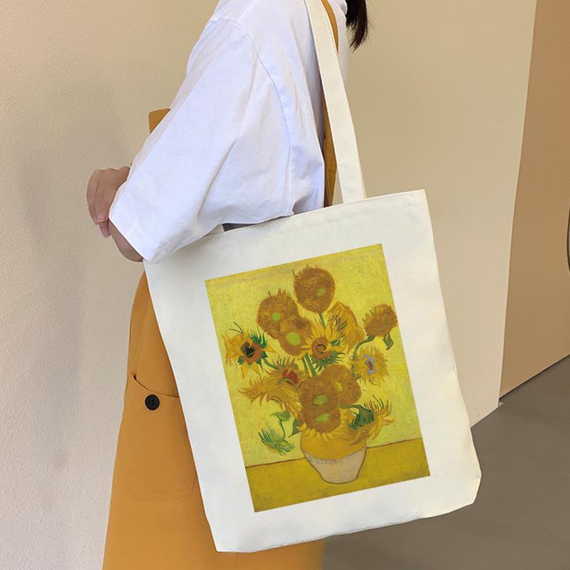 Women Graphic College Harajuku Shopper Bag Van Gogh Sunflower Starry Sky Shopping Bag Women Canvas Shoulder Bag Large Tote Bag