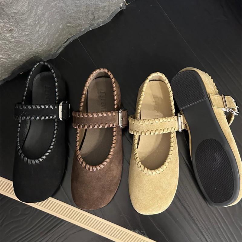 Fashion High Quality Woven Faux Suede Leather Mary Jane Shoes Women Metal Belt Buckle Design Shoes Comfortable Flat Loafers for Women