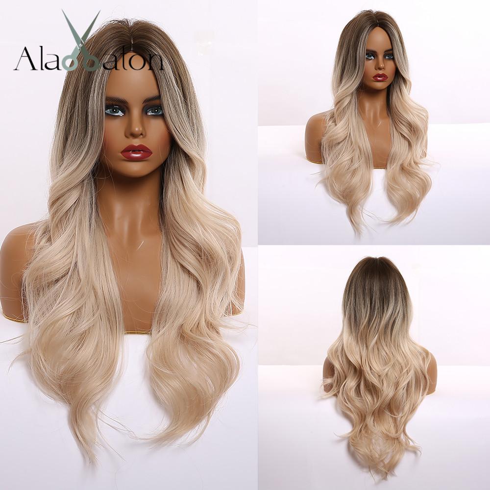 ALAN EATON Long Water Wave Wig Middle Part Red Brown Orange Copper Heat Resistant Synthetic Hair Wigs for Women African American