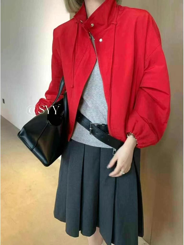 Design Sense Women's 2025 Spring Japanese Style Drawstring Stand-Up Collar Workwear Jacket