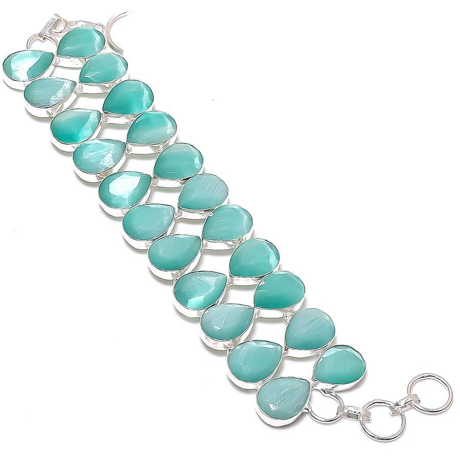 

Natural Blue Chalcedony Gemstone Handmade 925 Sterling Silver Bracelet 7-8 H2g18