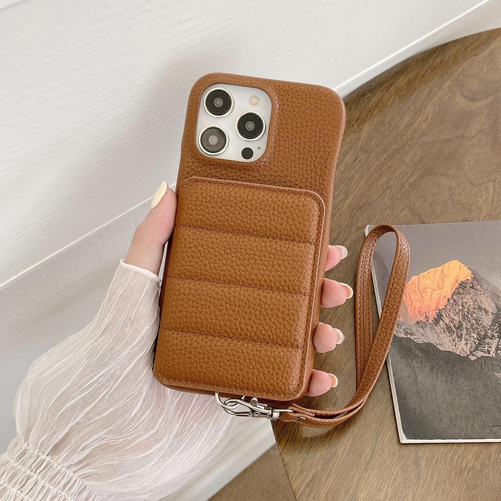 For iPhone 15 Pro Case Card Slots Kickstand PU Leather+PET Phone Cover with Wrist Strap