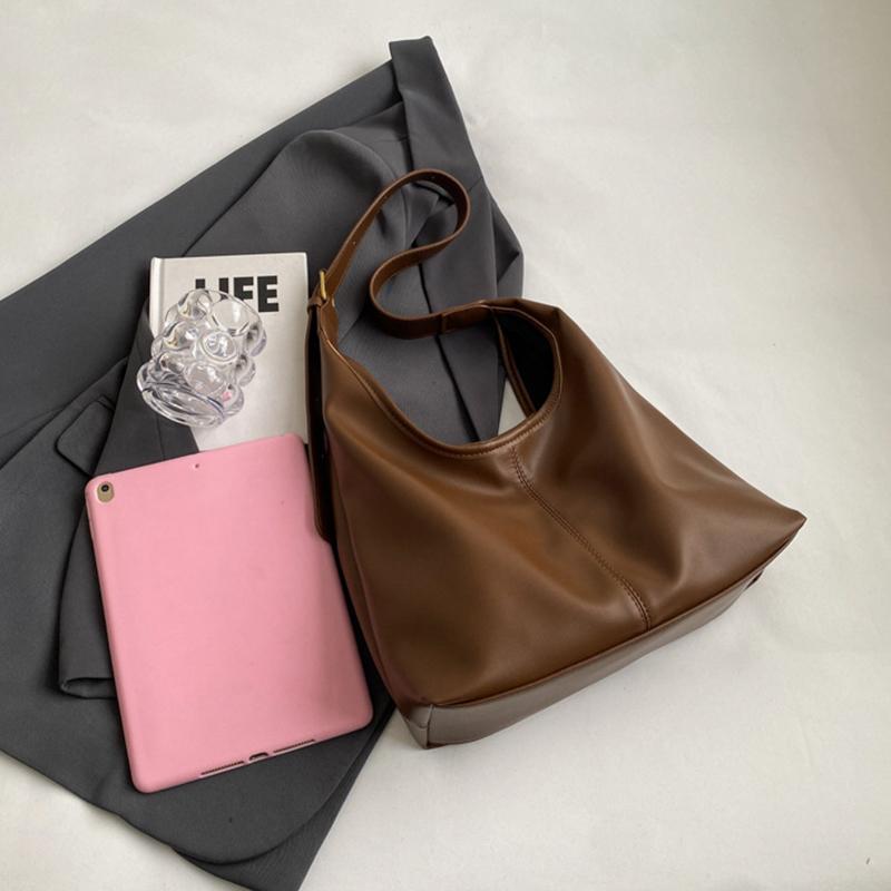 Bolsa de ombro vintage de couro PU de grande capacidade para mulheres, bolsa transversal de cor sólida e macia, bolsa tote para uso diário
