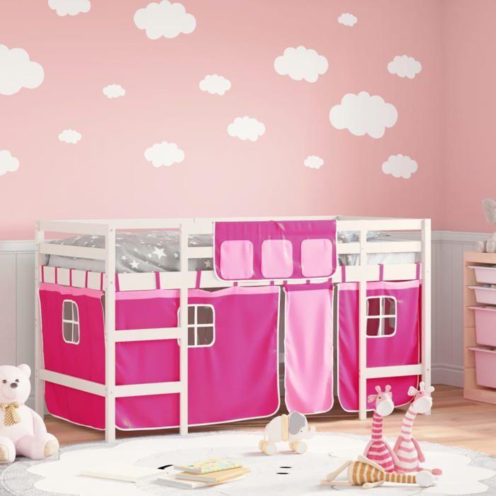 VidaXL Lit Mezzanine Enfants et Rideaux, Lit Surélevé pour Enfants avec Échelle, Meuble de Rangement Chambre, Moderne, Rose 3206969