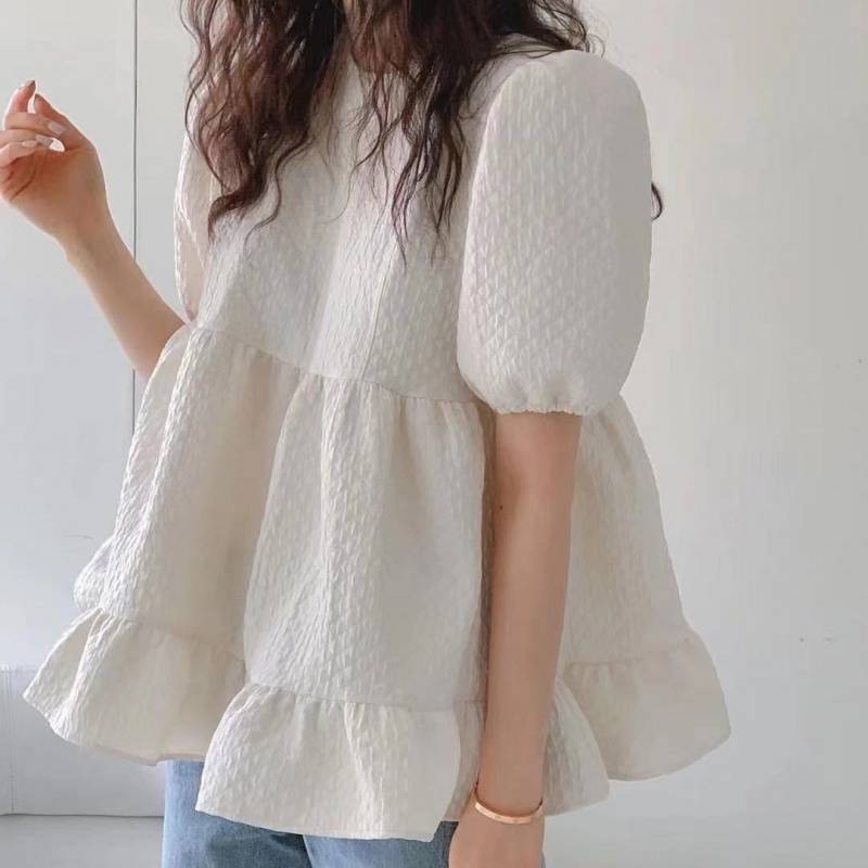 

Summer Women s Bubble Sleeve Shirt Top with Ruffled Edges Sweet Short Sleeved Shirt for Women XL білий