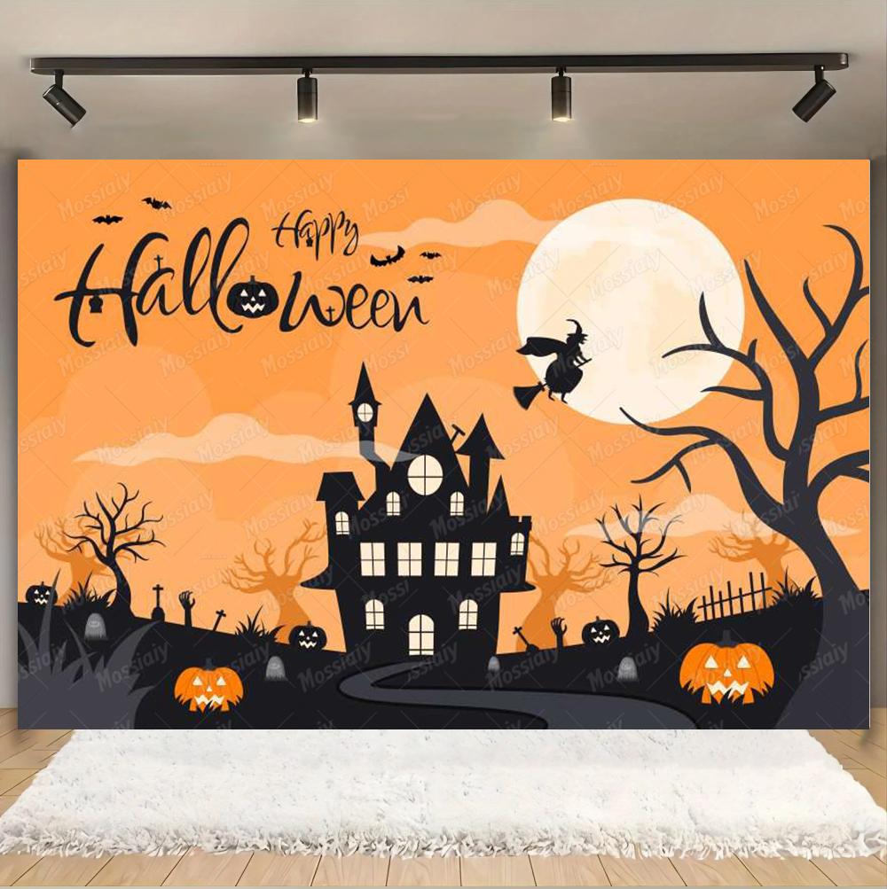 Horror Halloween Photography Background Moon Night Castle Forest Pumpkin Lantern Skeleton Family Party Photo Backdrop Decoration434