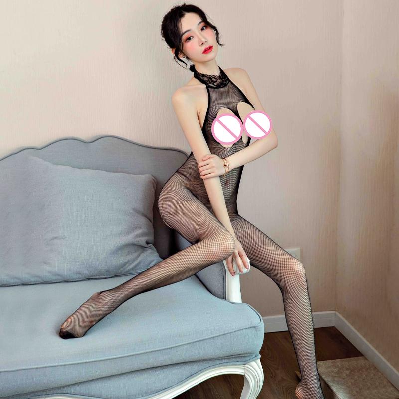 Women's Sexy Crotchless Fishnet Lingerie Set Stretch Mesh Hollow Bodystocking Bra And Underwear Combo Female Costumes Teddy