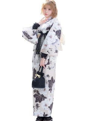 Yukata Set with Obi Natural Peony and Floral Pattern Summer Festival Set [Tika] Women's (Sash) - Beige, White, Black, - Summer, - 2-Piece