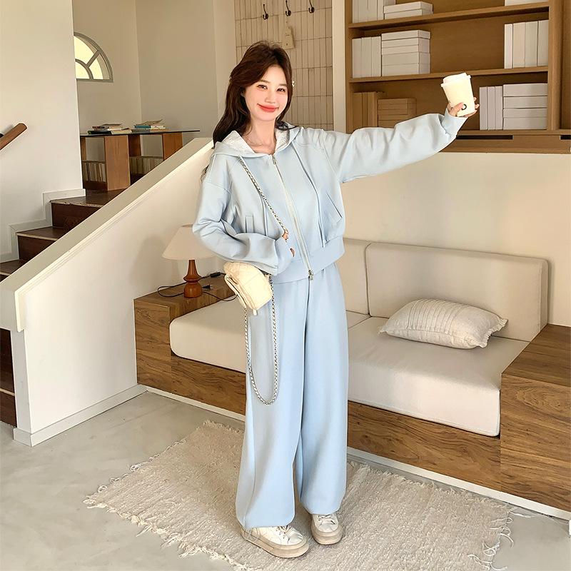 Women s Blue Korean-Style Lace Patchwork Hoodie Wide-Leg Pants Set - Spring 2026 Large синий