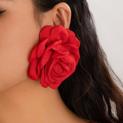 Exaggerated Big Rose Flower Earrings for Women Vintage Elegant Fabric Florals Ear Stud Earring Summer Holiday Beach Jewelry