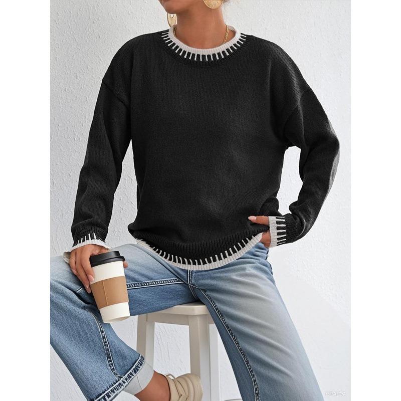 Women S Casual Loose Pullover Sweater Round Neck Long Sleeve Color Block