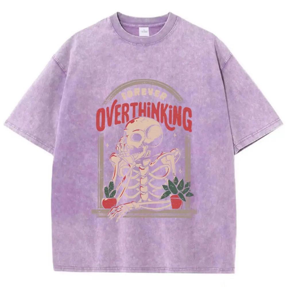 Casual Cotton Washed T-Shirts Skeleton Man On The Balcony Printing Tops Oversize O-Neck Soft Short Sleeve Mans Clothes