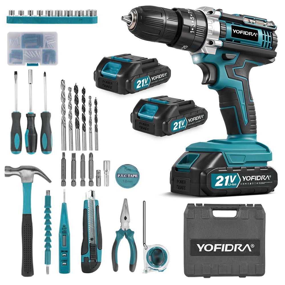 Yofidra 60N.M L 25+3 Torque Electric Impact Dril Cordless Electric Screwdriver With 32/53PCS Tool Kit Power Tool For 21V Battery