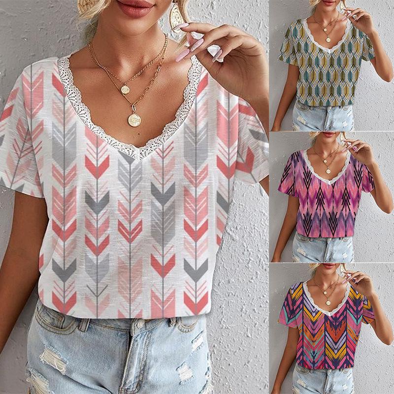 

2023 женская летняя футболка с короткими рукавами и v-образным вырезом из кружева с бриллиантами и геометрическим принтом