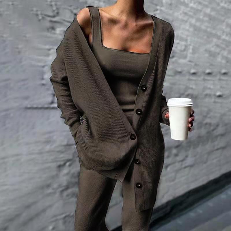 2023 Women's Long-Sleeve Solid Color Knitted Three-Piece Suit
