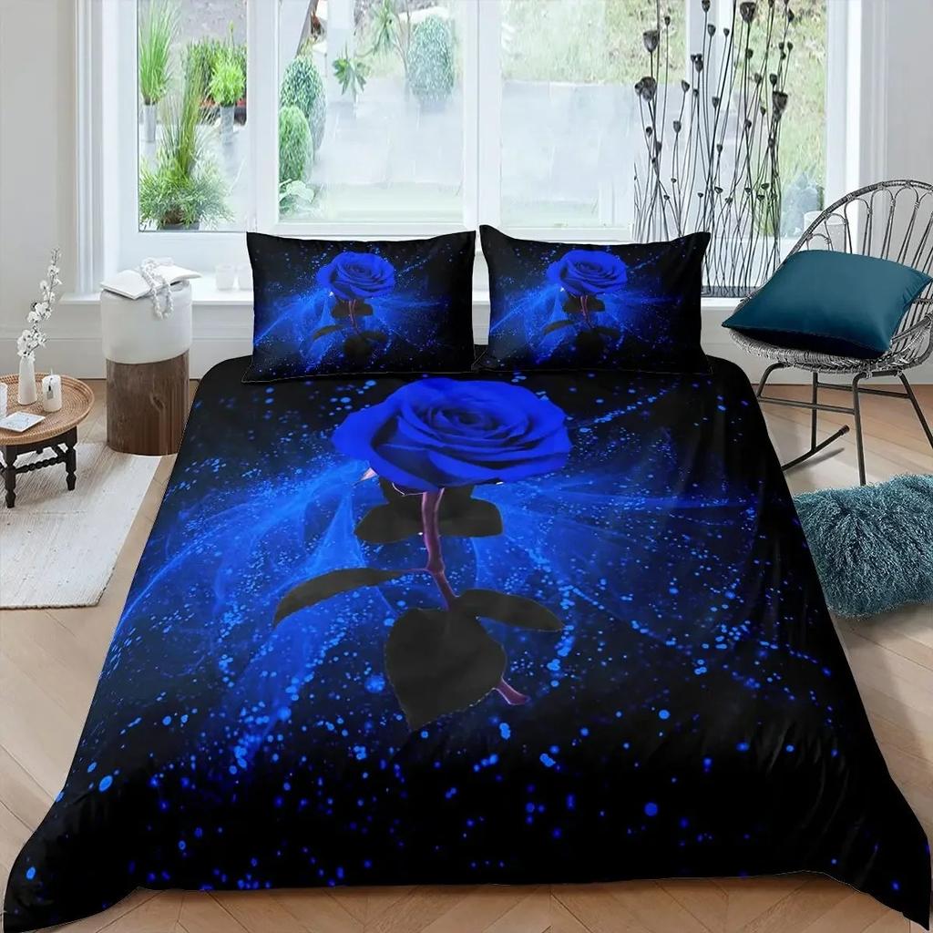 Blue Rose Floral King Queen Duvet Cover 3D Blossom Flowers Bedding Set Valentine's Day Quilt Cover Botanical Comforter Cover