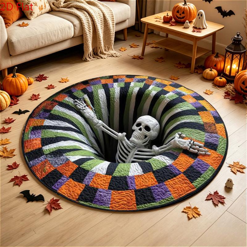 3D Optical Illusion Haunted Staircase Round Rug Halloween Vintage Ghost Pumpkin Floor Mat Skeleton Pattern Bedroom Decor Carpet