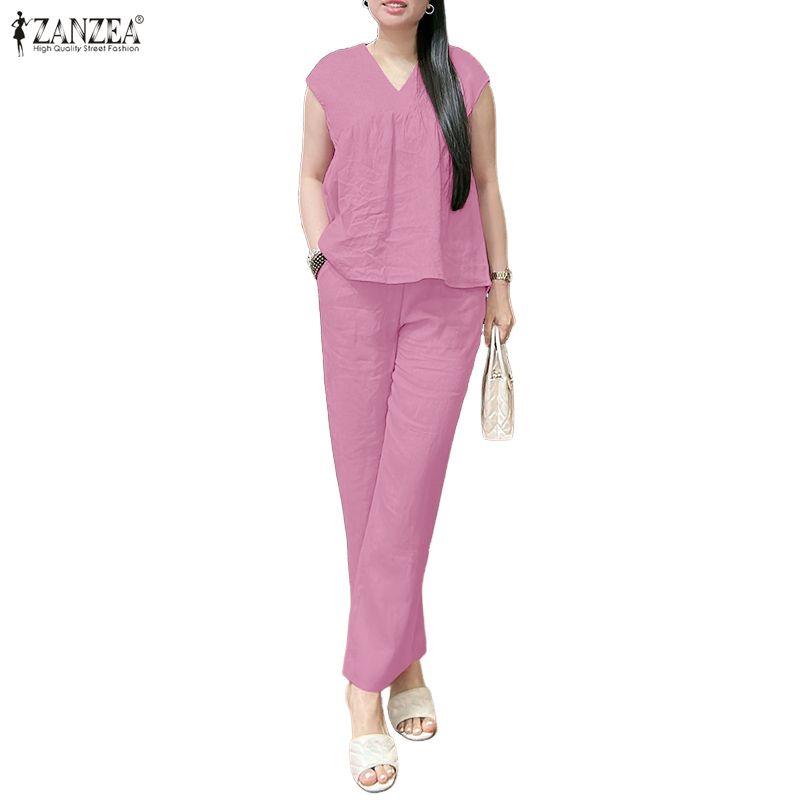 ZANZEA Women Sleeveless Blouse and Pants Casual Two Piece Suit Sets