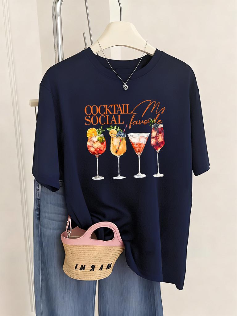 Cocktail Social My Favorite Prints TShirts Women Summer Loose Short Sleeve Tops ONeck Soft T Shirt Basics Casual Woman Clothes