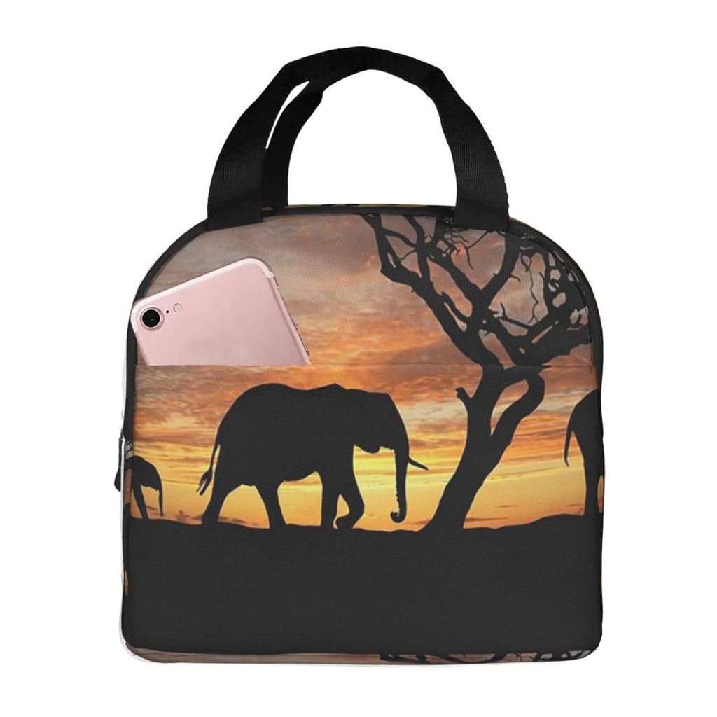 Dusk Elephant Herd African Savannah Elephant Insulated Lunch Bag for Women Kids Leakproof Food Boxes Thermal Lunch Box Tote