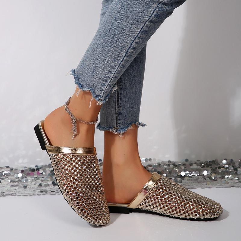 Fashion Summer Mesh Cold Slippers for Women Glitter Crystal Studs Flat Muller Shoes Fish Mesh Hollow Ballet Shoes Mesh Half Slippers