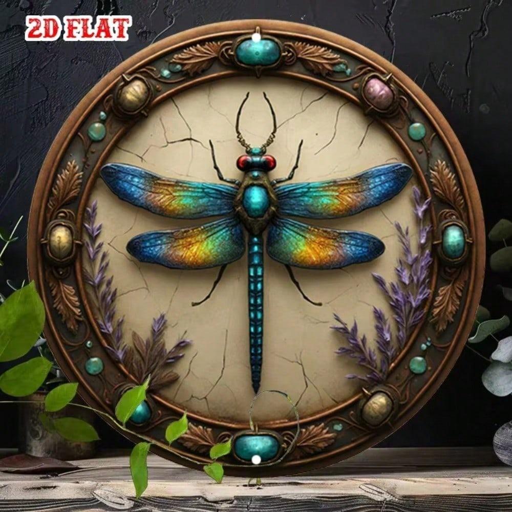 Vintage Dragonfly Metal Sign Round Aluminum Wall Art Rustic Farmhouse Garage Cafe Wildlife Decor