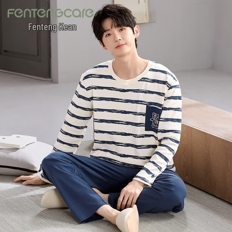 FENTENGCARE Men s 100% Cotton Spring/Summer Long Sleeve Pajama Set 3XL